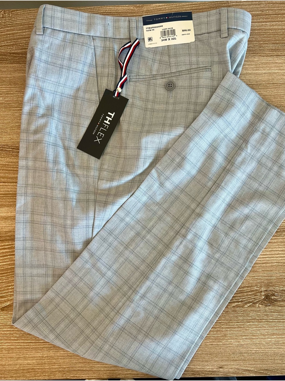 Tommy Hilfiger THFLEX Tate Men’s Pants 34x32 NWT Light Blue Plaid Stretch